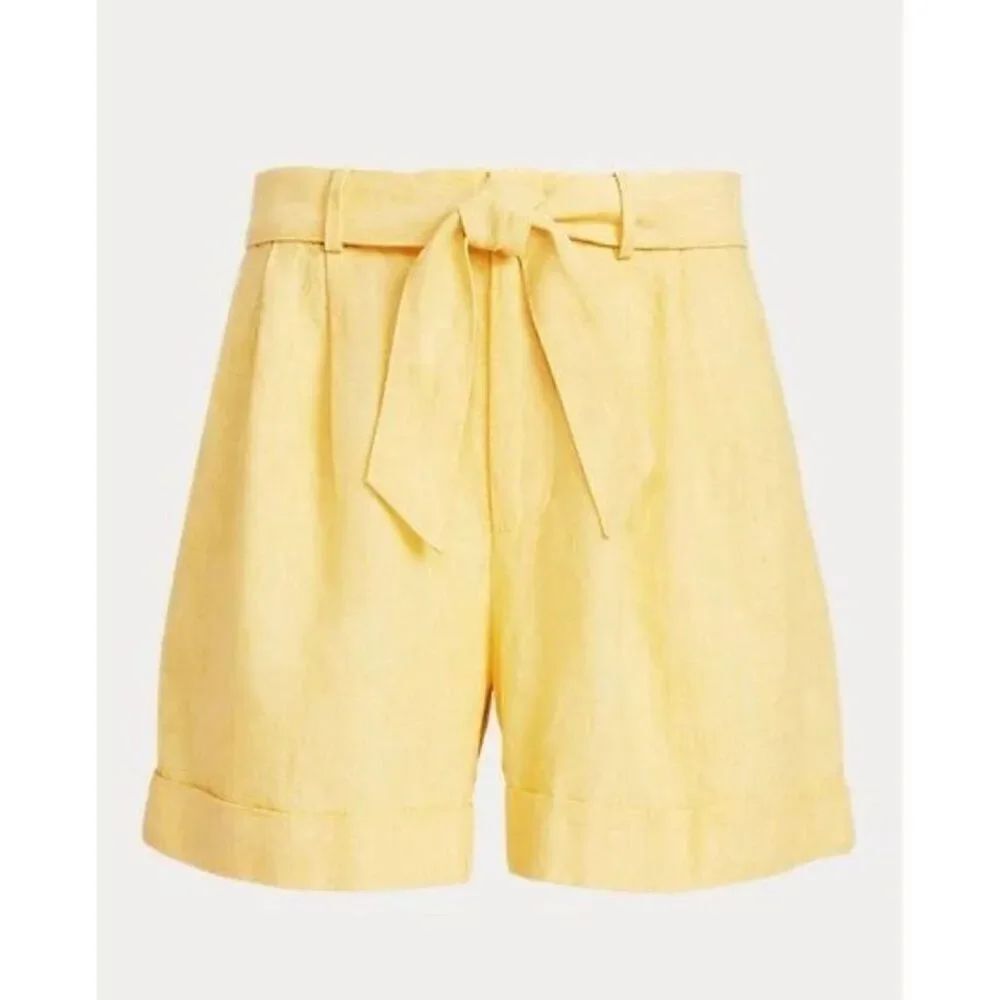 Polo Ralph Lauren Belted Linen Pleated Short in Yellow Blue Label Size 6 - Picture 3 of 8